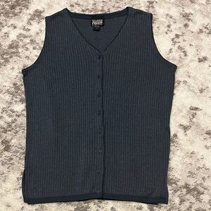 Eileen Fisher Vintage 90s Ribbed Knit Cotton Button-Up Vest Navy Blue Sz 2 (M/L)